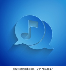 Paper cut Musical note in speech bubble icon isolated on blue background. Music and sound concept. Paper art style. Vector