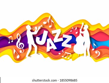 Paper Cut Musicians Silhouettes Playing Trumpet And Double Bass, Music Notes. Vector Illustration In Paper Art Style. Jazz Festival, Night Blues Party, Jazz Music Concert.