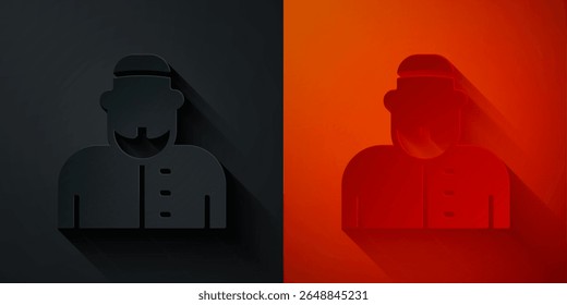 Paper cut Muslim man icon isolated on black and red background. Paper art style. Vector