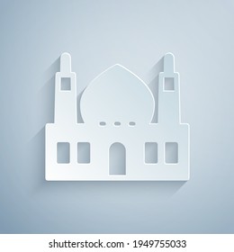 Paper cut Muslim Mosque icon isolated on grey background. Paper art style. Vector