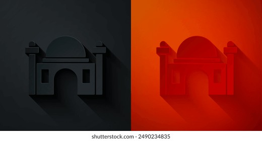 Paper cut Muslim Mosque icon isolated on black and red background. Paper art style. Vector