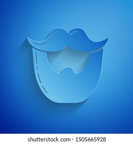 Paper cut Mustache and beard icon isolated on blue background. Barbershop symbol. Facial hair style. Paper art style. Vector Illustration