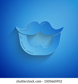 Paper cut Mustache and beard icon isolated on blue background. Barbershop symbol. Facial hair style. Paper art style. Vector Illustration