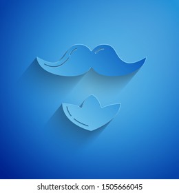 Paper cut Mustache and beard icon isolated on blue background. Barbershop symbol. Facial hair style. Paper art style. Vector Illustration