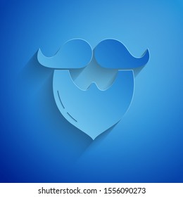 Paper cut Mustache and beard icon isolated on blue background. Barbershop symbol. Facial hair style. Paper art style. Vector Illustration