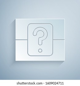 Paper cut Mystery box or random loot box for games icon isolated on grey background. Question box. Paper art style. Vector Illustration