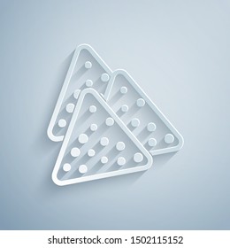 Paper cut Nachos icon isolated on grey background. Tortilla chips or nachos tortillas. Traditional mexican fast food. Paper art style. Vector Illustration