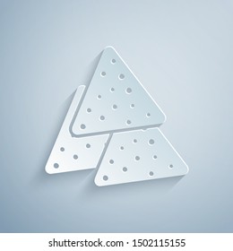 Paper cut Nachos icon isolated on grey background. Tortilla chips or nachos tortillas. Traditional mexican fast food. Paper art style. Vector Illustration