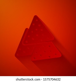 Paper cut Nachos icon isolated on red background. Tortilla chips or nachos tortillas. Traditional mexican fast food. Paper art style. Vector Illustration