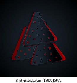 Paper cut Nachos icon isolated on black background. Tortilla chips or nachos tortillas. Traditional mexican fast food. Paper art style. Vector Illustration
