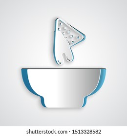 Paper cut Nachos in plate icon isolated on grey background. Tortilla chips or nachos tortillas. Traditional mexican fast food. Paper art style. Vector Illustration