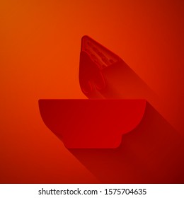 Paper cut Nachos in plate icon isolated on red background. Tortilla chips or nachos tortillas. Traditional mexican fast food. Paper art style. Vector Illustration