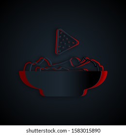Paper cut Nachos in plate icon isolated on black background. Tortilla chips or nachos tortillas. Traditional mexican fast food. Paper art style. Vector Illustration