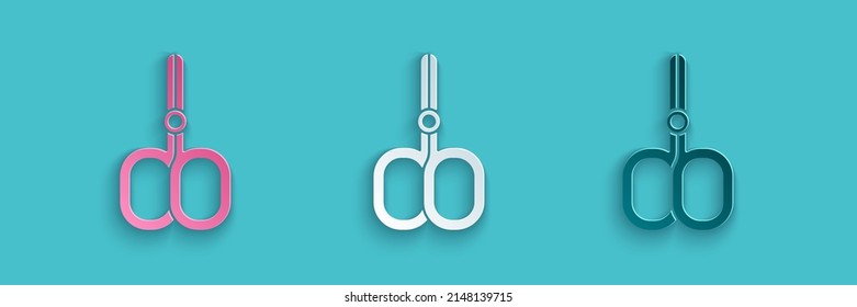 Cortado de papel Tijeras de uñas corte cutícula icono del salón de belleza aislado en fondo azul. Tijeras cosméticas para la manicura. Estilo de arte de papel. Vector