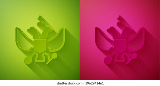 Paper cut National emblem of Russia icon isolated on green and pink background. Russian coat of arms two-headed eagle. Paper art style. Vector
