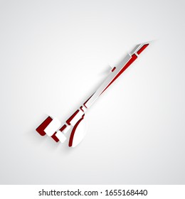 Paper cut Native American indian smoking pipe icon isolated on grey background. Paper art style. Vector Illustration