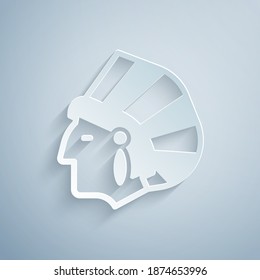 Paper cut Native American Indian icon isolated on grey background. Paper art style. Vector.