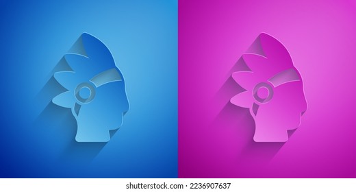 Paper cut Native American Indian icon isolated on blue and purple background. Paper art style. Vector