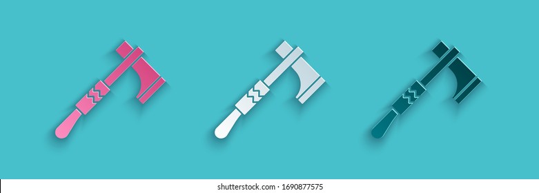 Paper cut Native american tomahawk axe icon isolated on blue background. Paper art style. Vector Illustration