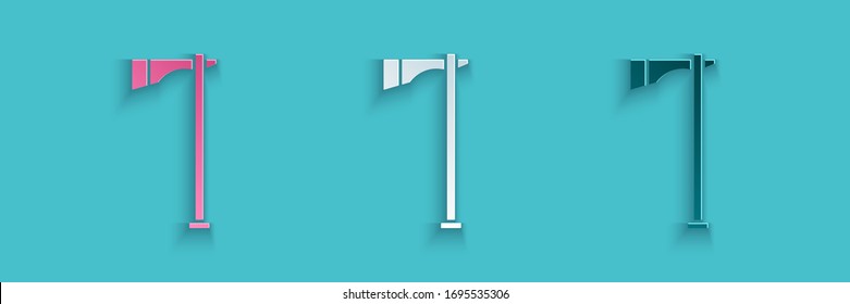 Paper cut Native american tomahawk axe icon isolated on blue background. Paper art style. Vector Illustration