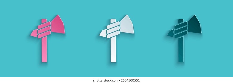 Ícone de machado de tomahawk ameríndio isolado no fundo azul. Estilo da arte do papel. Vetor
