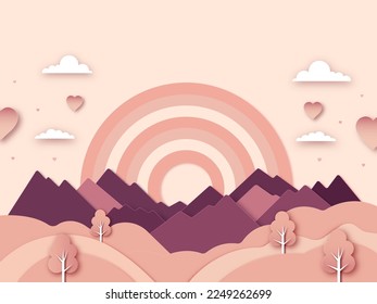 Paper Cut Natural Landscape Background With Rainbow, Hearts In Pastel Peach And Purple Color. Happy Valentines Day Concept.