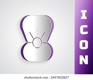 Paper cut Natural open shell with pearl icon isolated on grey background. Scallop sea shell. Seashell sign. Paper art style. Vector