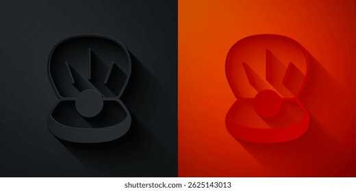 Paper cut Natural open shell with pearl icon isolated on black and red background. Scallop sea shell. Seashell sign. Paper art style. Vector