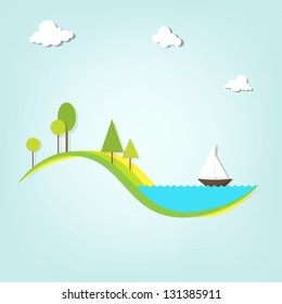 Paper cut nature landscape with  lake, trees, and the ship