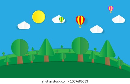 paper cut nature landscape with tree and sun,paper art concept