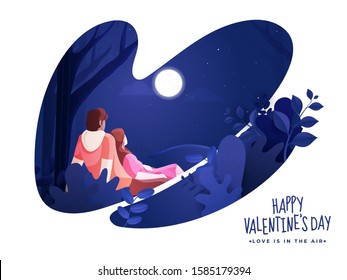 Paper Cut Nature Night Scene Background with Loving Couple Character and Given Message Love Is In The Air for Happy Valentine's Day Celebration.