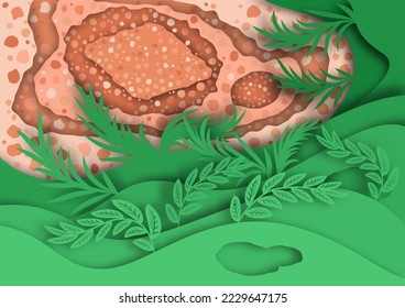 Papierschnitt-Natur-Draufsicht, Blätter und Steinboden, Vektorgrafik. für Website, Druck, Wallpaper, Visitenkarten, Banner, Kalender und Grafiken.