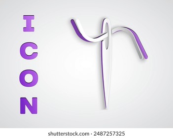 Aguja de corte de papel para coser con icono de hilo aislado sobre fondo gris. Símbolo Tailor. Textil cose el letrero de la artesanía. Herramienta de bordado. Estilo de arte de papel. Ilustración vectorial