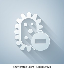 Paper cut Negative virus icon isolated on grey background. Corona virus 2019-nCoV. Bacteria and germs, cell cancer, microbe, fungi. Paper art style. Vector Illustration