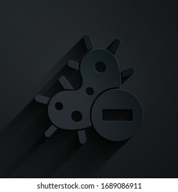 Paper cut Negative virus icon isolated on black background. Corona virus 2019-nCoV. Bacteria and germs, cell cancer, microbe, fungi. Paper art style. Vector Illustration