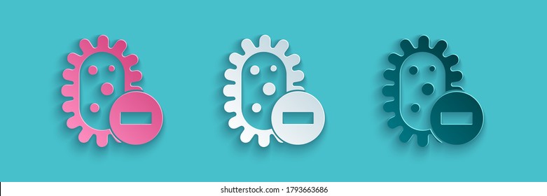 Paper cut Negative virus icon isolated on blue background. Corona virus 2019-nCoV. Bacteria and germs, cell cancer, microbe, fungi. Paper art style. Vector Illustration