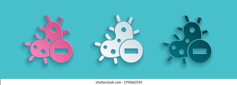 Cortar papel Icono de virus negativo aislado en fondo azul. Virus Corona 2019-nCoV. Bacterias y gérmenes, cáncer celular, microbio, hongos. Estilo de arte de papel. Ilustración vectorial
