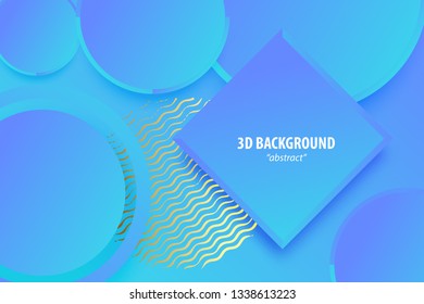 Paper cut neon ultra violet abstract 3d web trendy background. Realistic papercut banner random square circle layers. 3d backdrop. Concept material design. Minimalist cover template. Golden color.