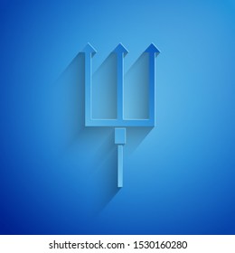 Paper cut Neptune Trident icon isolated on blue background. Paper art style. Vector Illustration