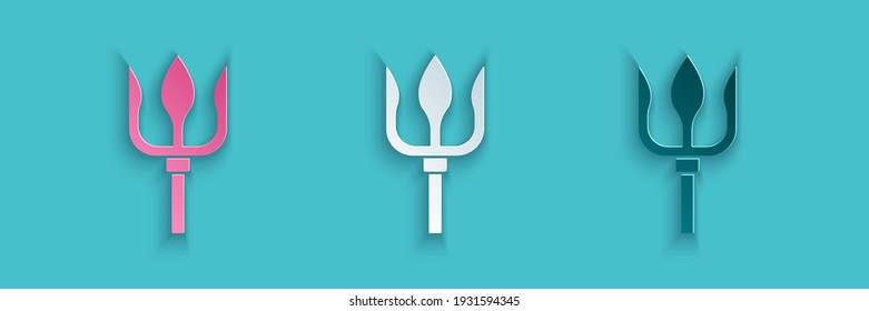 Papierschnitt Neptun Trident Symbol einzeln auf blauem Hintergrund. Kunststil aus Papier. Vektorgrafik