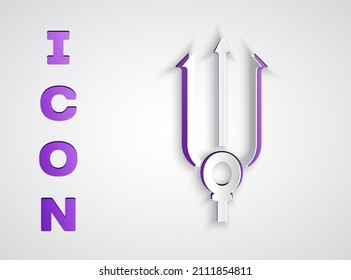 Paper cut Neptune Trident icon isolated on grey background. Paper art style. Vector