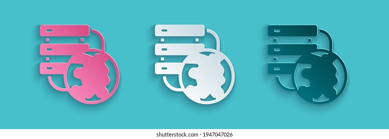Paper cut Network cloud connection icon isolated on blue background. Social technology. Cloud computing concept. Paper art style. Vector