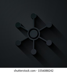 Paper cut Network icon isolated on black background. Global network connection. Global technology or social network. Connecting dots and lines. Paper art style. Vector Illustration