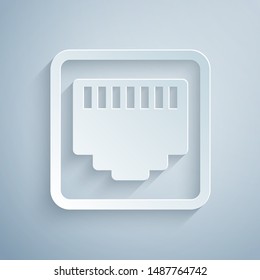 Paper cut Network port - cable socket icon isolated on grey background. LAN, ethernet port sign. Local area connector icon. Paper art style. Vector Illustration