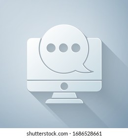 Paper cut New chat messages notification on monitor icon isolated on grey background. Smartphone chatting sms messages speech bubbles. Paper art style. Vector Illustration