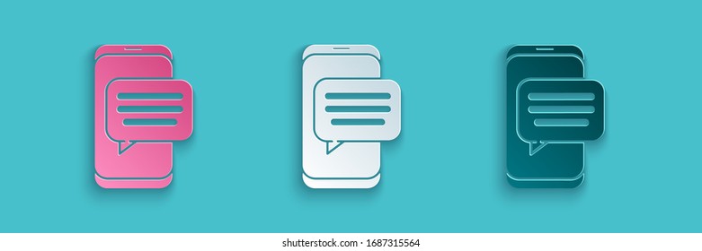 Paper cut New chat messages notification on phone icon isolated on blue background. Smartphone chatting sms messages speech bubbles. Paper art style. Vector Illustration