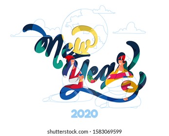 Paper Cut New Year Font with Young Couple Enjoying Drinks on White Background for 2020 Night Party Celebration Concept.