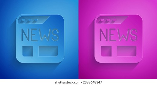 Paper cut News icon isolated on blue and purple background. Newspaper sign. Mass media symbol. Paper art style. Vector