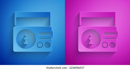 Paper cut News on radio channel icon isolated on blue and purple background. Paper art style. Vector