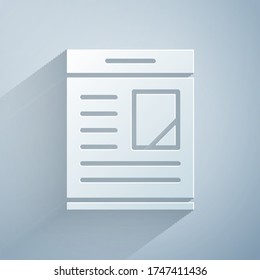 Paper cut Newspaper advertisement displaying obituaries icon isolated on grey background. Paper art style. Vector